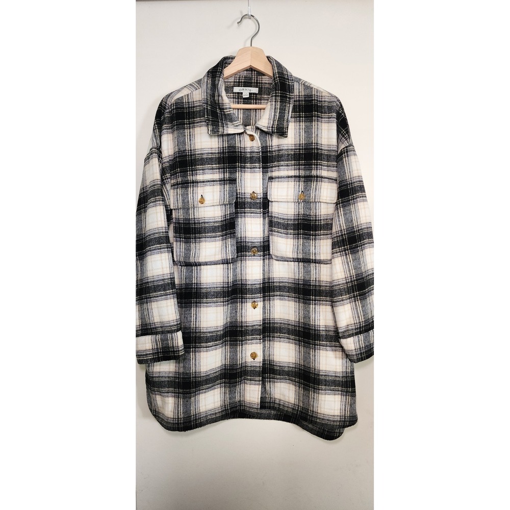 ORVIS Mens Large Plaid Shirt Jacket Shacket Wool Blend Button Up Long Sleeve